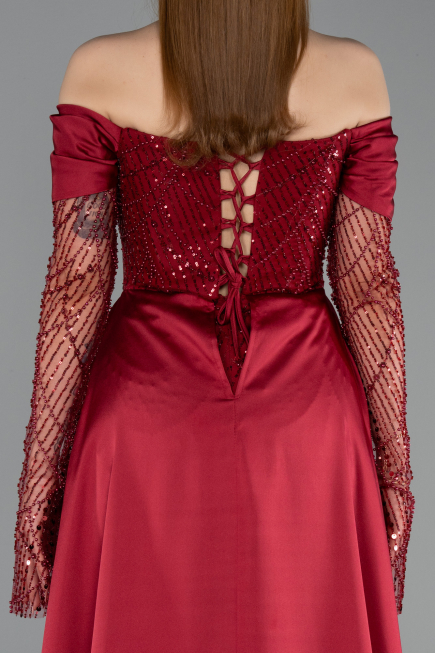Robe de Soirée Longue Perlé Rouge Bordeaux ABU5934