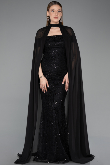 Robe de Soirée Longue Perlé Noir ABU5915