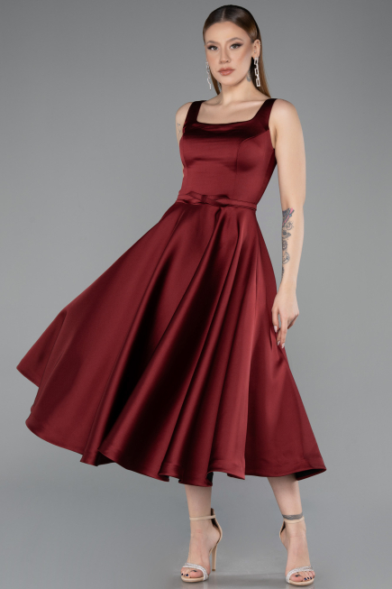 Robe de Cérémonie Midi Satin Rouge Bordeaux ABK2586