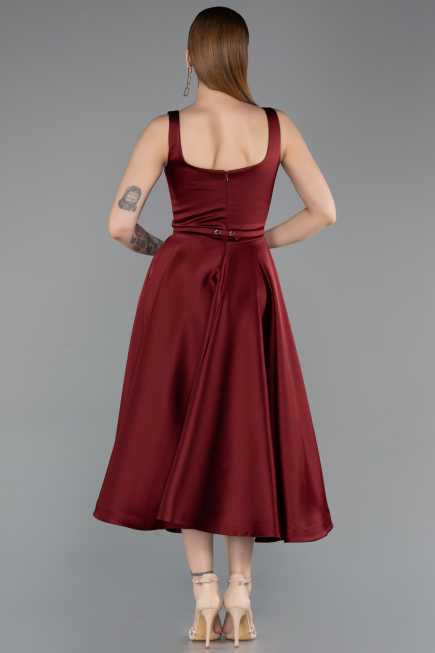 Robe de Cérémonie Midi Satin Rouge Bordeaux ABK2586