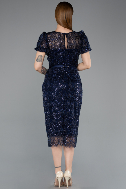 Robe de Cérémonie Midi Perlé Bleu Marine ABK2412