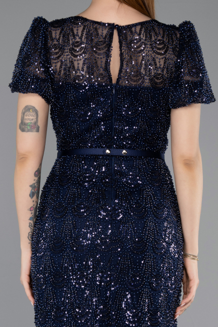 Robe de Cérémonie Midi Perlé Bleu Marine ABK2412