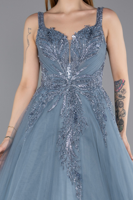 Robe de Fiançailles Design Personnalisé Longue Bleu Fumé ABU5961