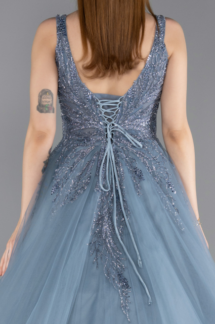 Robe de Fiançailles Design Personnalisé Longue Bleu Fumé ABU5961