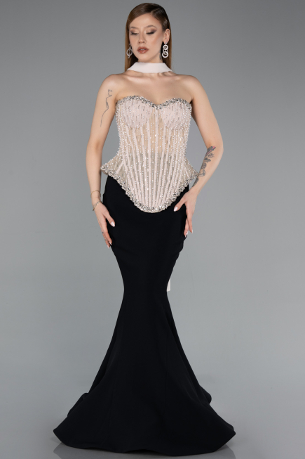 Robe Haute Couture Longue Noir-Beige ABU5951
