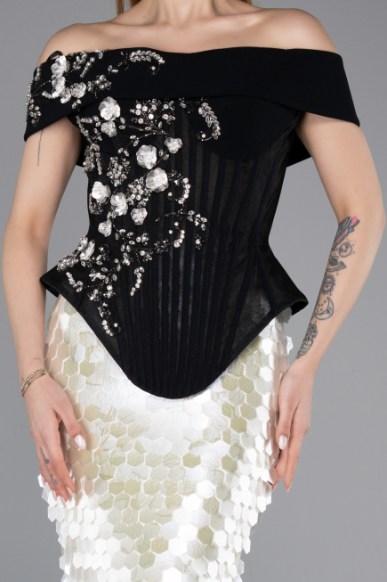 Haute Couture Robe Longue Squameuse Noir-Blanc ABU5952