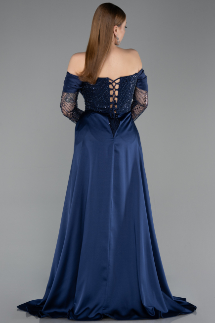 Robe de Soirée Longue Perlé Bleu Marine ABU5934