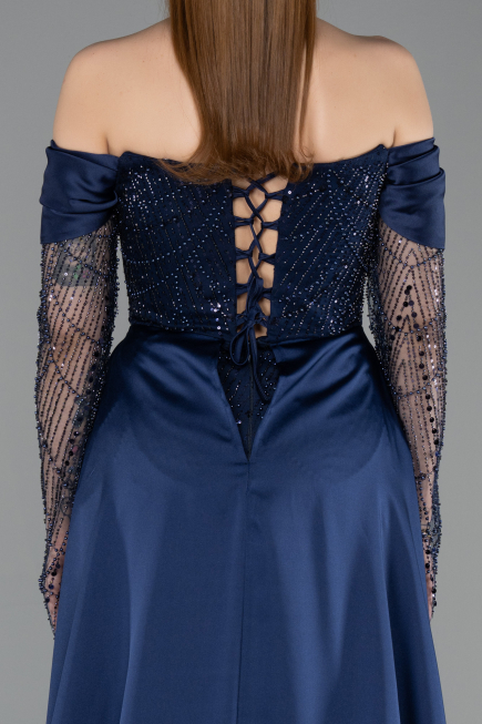 Robe de Soirée Longue Perlé Bleu Marine ABU5934
