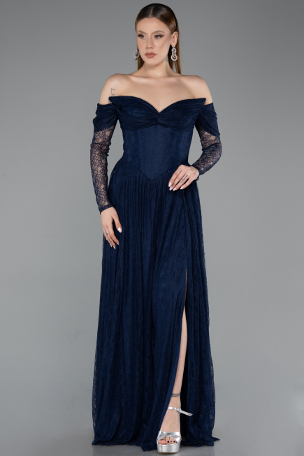 Robe de Soirée Longue Dantelle Bleu Marine ABU5945
