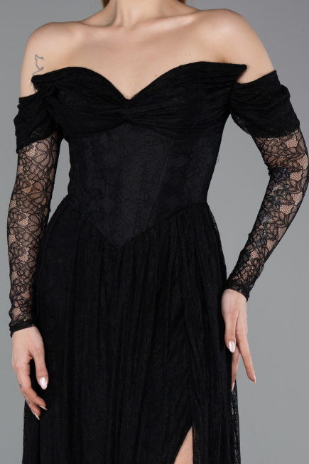 Robe de Soirée Longue Dantelle Noir ABU5945