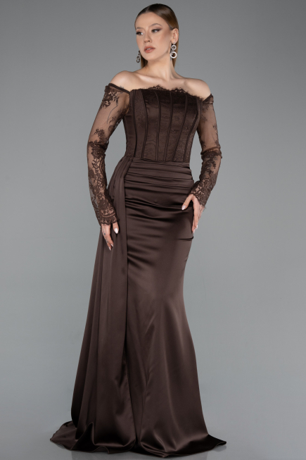 Robe Queue de Poisson Longue Satin Brun ABU5949