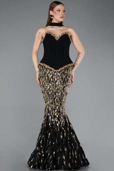 Haute Couture Robe Longue Squameuse Noir ABU5968