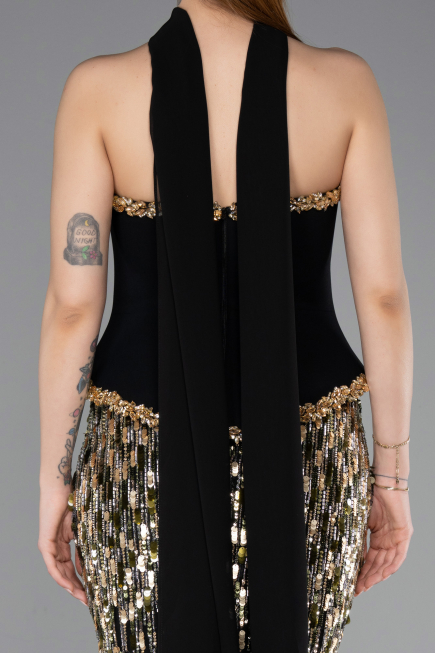 Haute Couture Robe Longue Squameuse Noir ABU5968