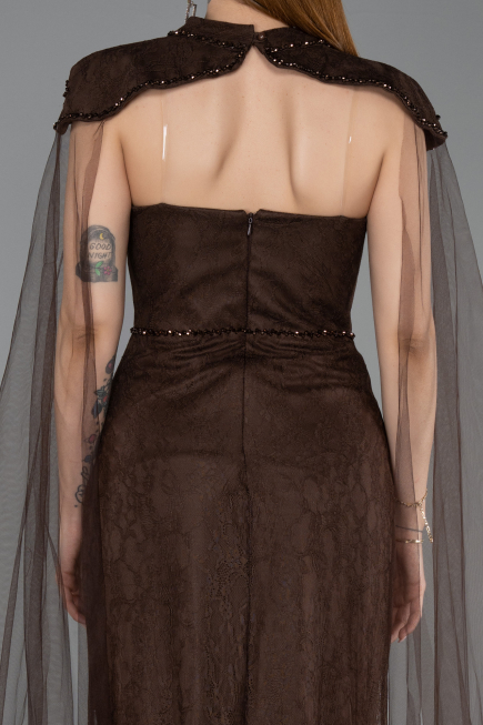 Robe de Soirée Longue Dantelle Brun ABU5941