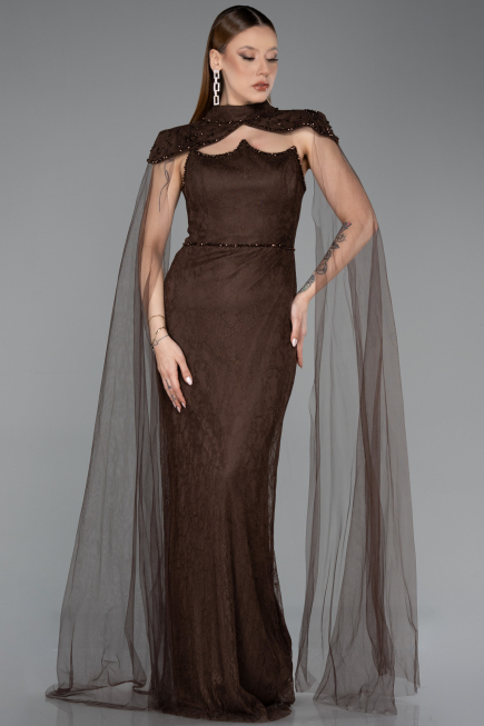 Robe de Soirée Longue Dantelle Brun ABU5941