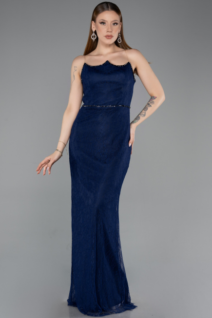 Robe de Soirée Longue Dantelle Bleu Marine ABU5941