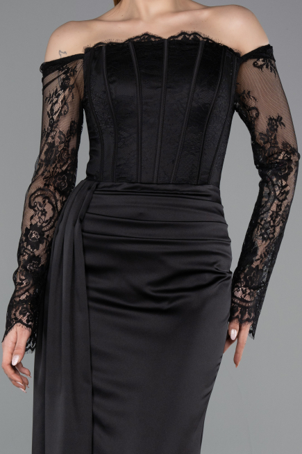 Robe Queue de Poisson Longue Satin Noir ABU5949