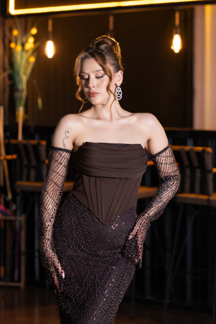 Robe de Soirée Longue Perlé Brun ABU5922