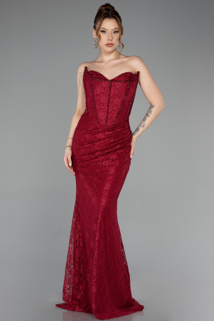Robe De Soirée Dantelle Longue Rouge Bordeaux ABU5815