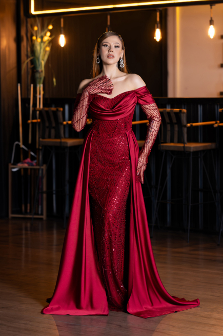 Robe de Soirée Longue Perlé Rouge Bordeaux ABU5934