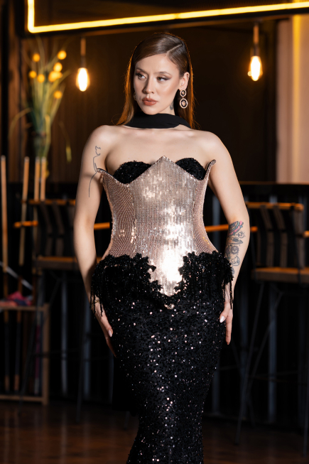 Haute Couture Robe Longue Squameuse Noir ABU5950