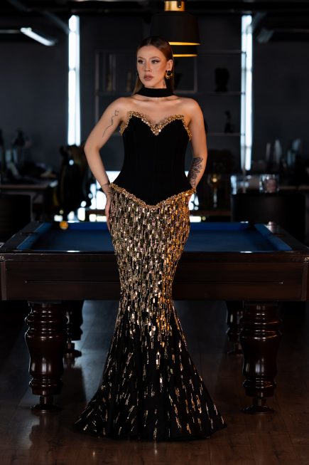 Haute Couture Robe Longue Squameuse Noir ABU5968