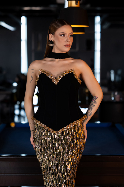 Haute Couture Robe Longue Squameuse Noir ABU5968