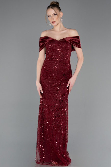 Robe de Soirée Longue Perlé Rouge Bordeaux ABU5400