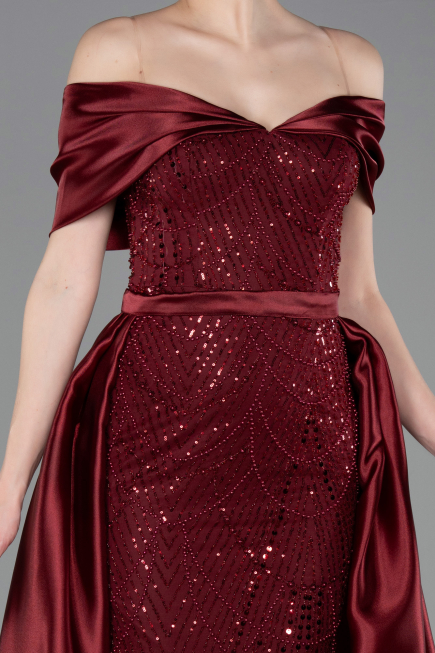 Robe de Soirée Longue Perlé Rouge Bordeaux ABU5400