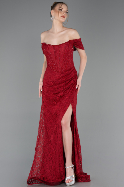 Robe de Soirée Longue Dantelle Rouge Bordeaux ABU5973