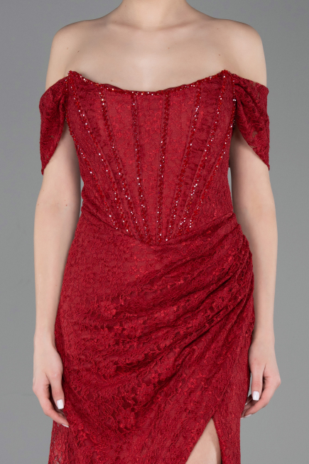 Robe de Soirée Longue Dantelle Rouge Bordeaux ABU5973