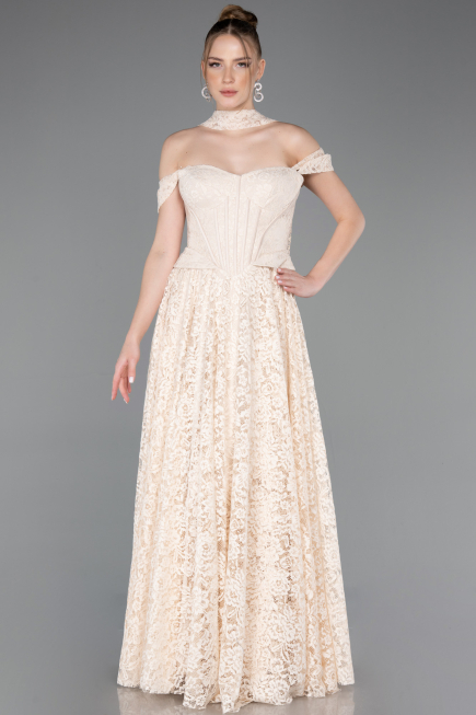 Robe de Soirée Longue Dantelle Beige ABU5942