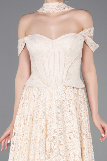 Robe de Soirée Longue Dantelle Beige ABU5942
