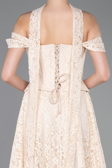 Robe de Soirée Longue Dantelle Beige ABU5942