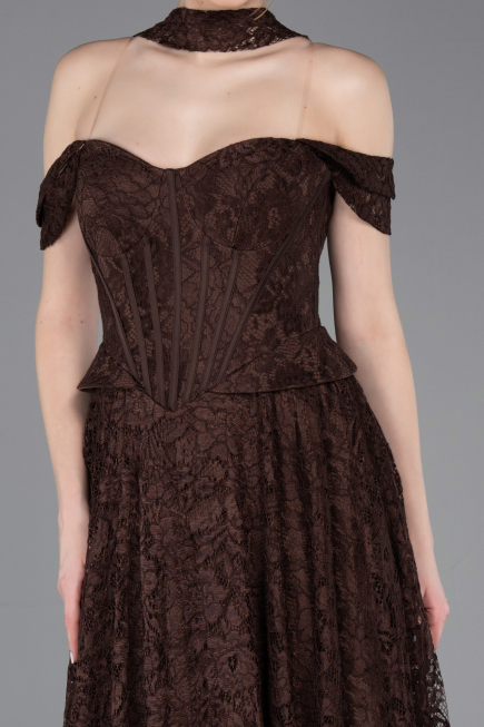 Robe de Soirée Longue Dantelle Brun ABU5942
