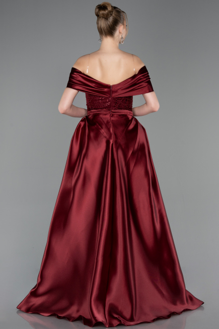 Robe de Soirée Longue Perlé Rouge Bordeaux ABU5400