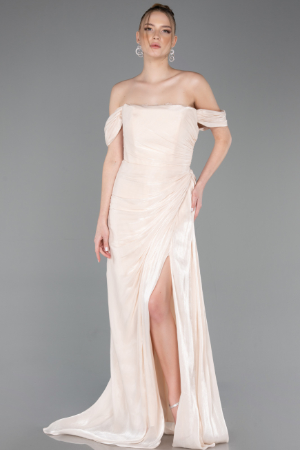 Robe de Soirée Longue Mousseline Beige ABU5974
