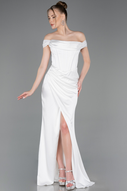 Robe de Soirée Longue Satin Blanc ABU5976