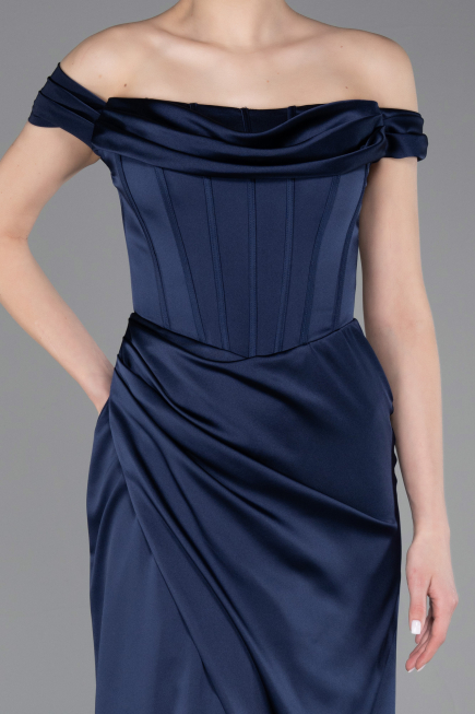Robe de Soirée Longue Satin Bleu Marine ABU5976