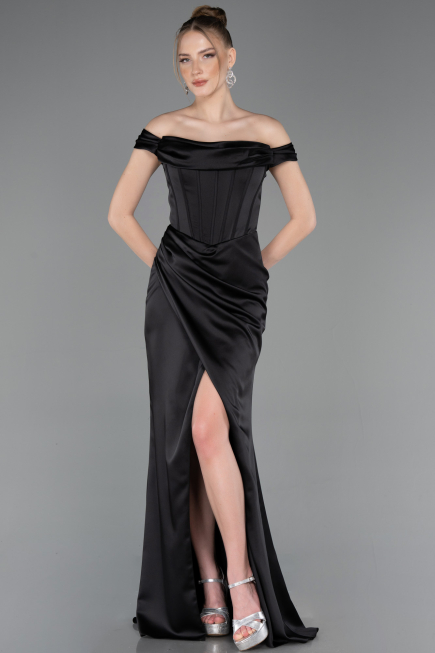 Robe de Soirée Longue Satin Noir ABU5976