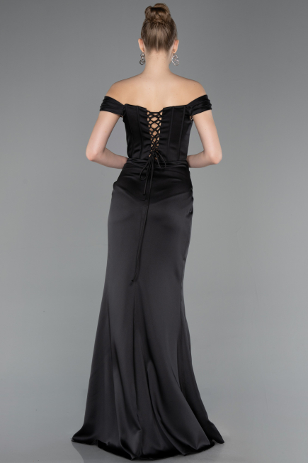 Robe de Soirée Longue Satin Noir ABU5976