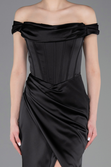 Robe de Soirée Longue Satin Noir ABU5976