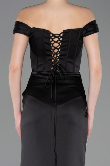 Robe de Soirée Longue Satin Noir ABU5976