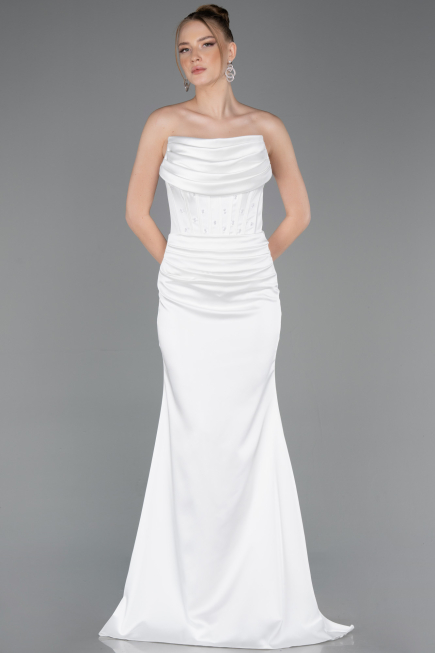 Robe de Soirée Longue Satin Blanc ABU5944
