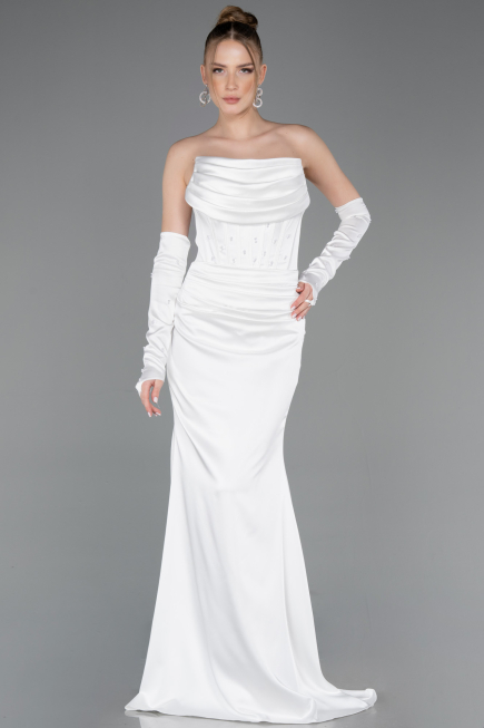 Robe de Soirée Longue Satin Blanc ABU5944