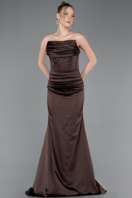 Robe de Soirée Longue Satin Brun ABU5944