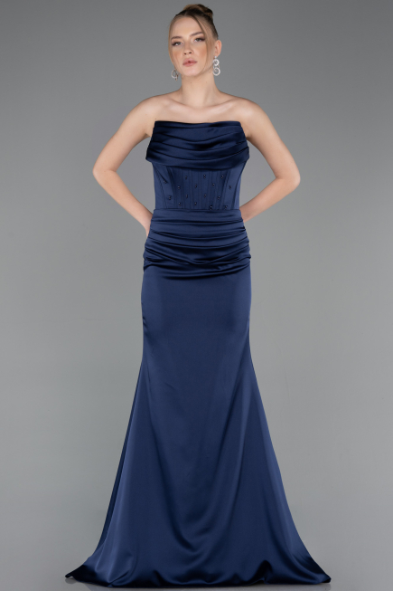 Robe de Soirée Longue Satin Bleu Marine ABU5944