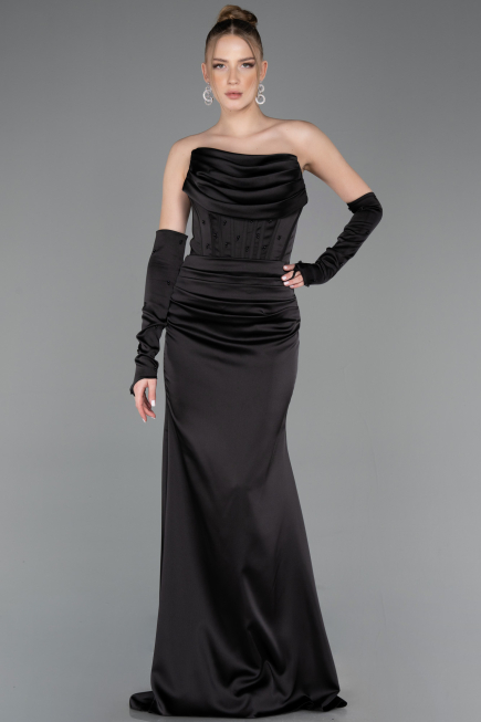Robe de Soirée Longue Satin Noir ABU5944
