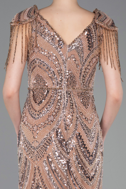 Robe de Soirée Longue Perlé Cuivre ABU5959