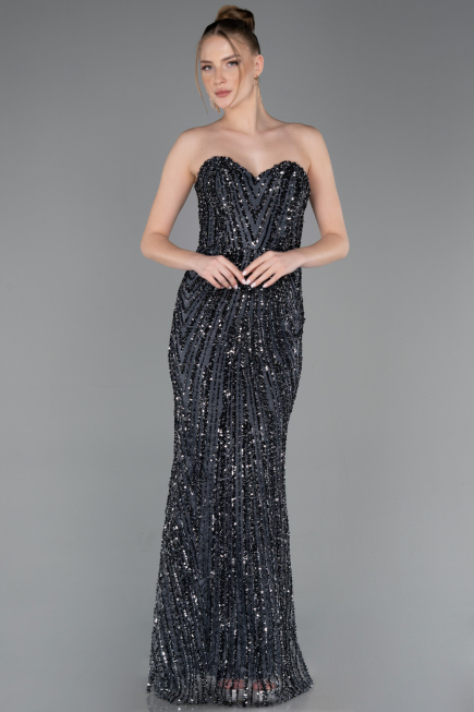 Robe de Soirée Longue Squameuse Anthracite ABU5978